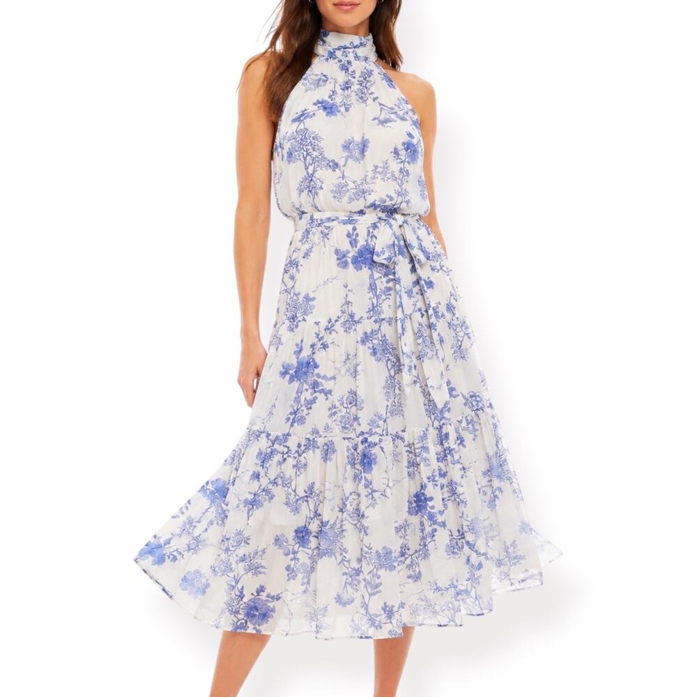 Lulus Float To You White Blue Floral Halter Tiered Midi Dress Small Romantic